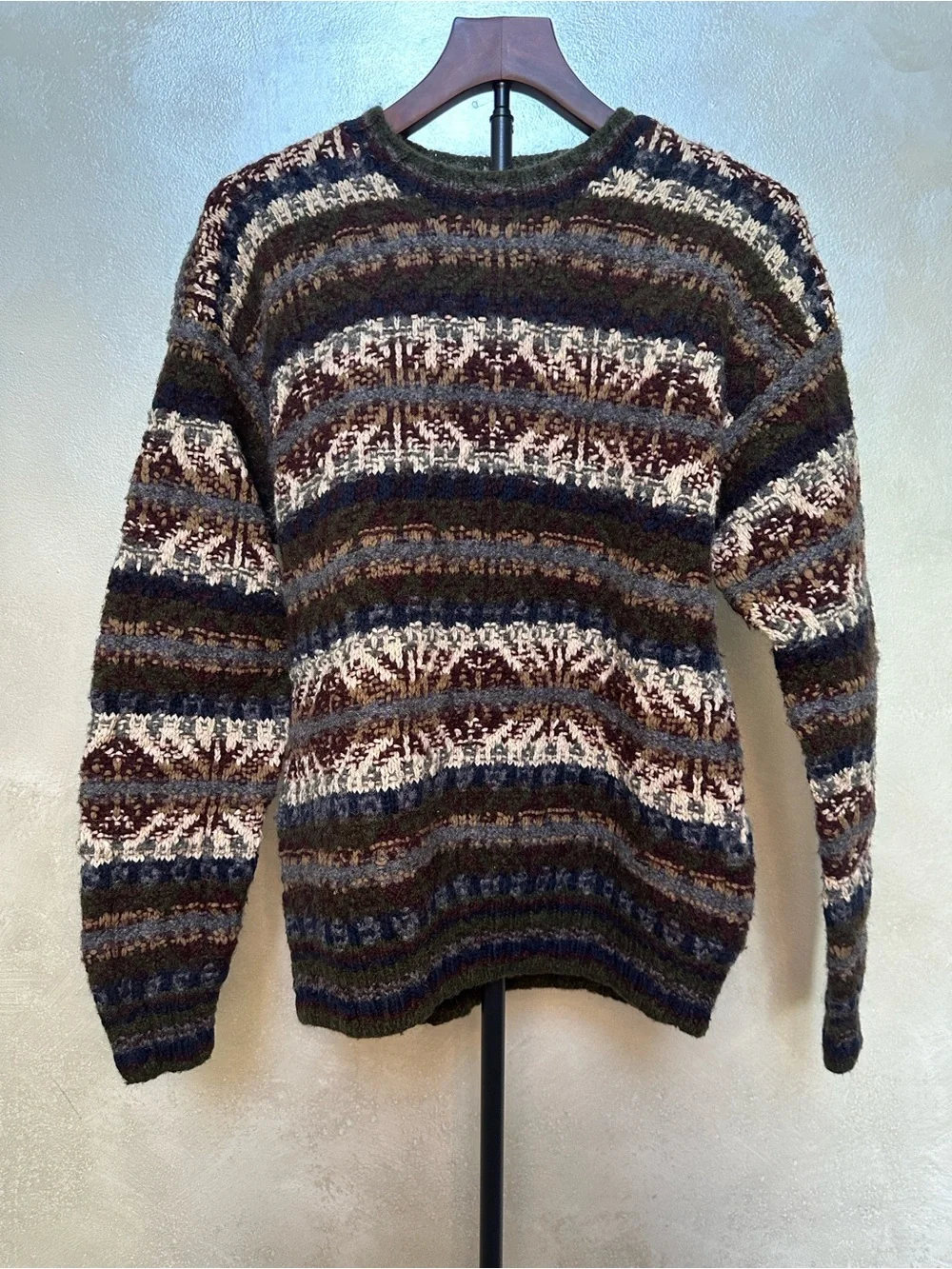 VTG Woolrich Handknit Wool Sweater Mens L Geometric Fair Isle Cabin Chunky